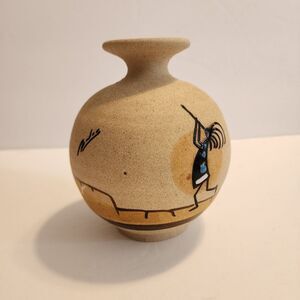 Kokopeli Sandstone Vase Signed 5.5" Tall